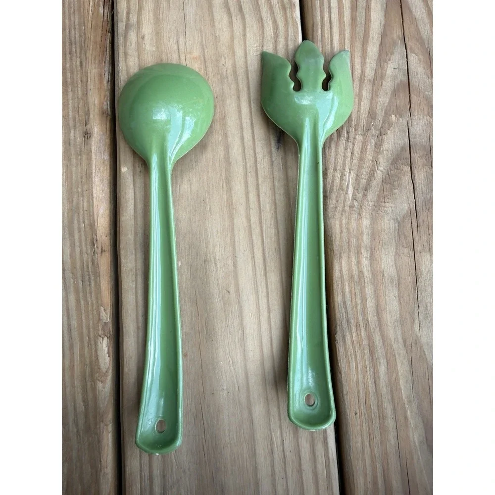 Two Vintage  Melamine Kitchen Utensils Spork Spoon Green Serving Set